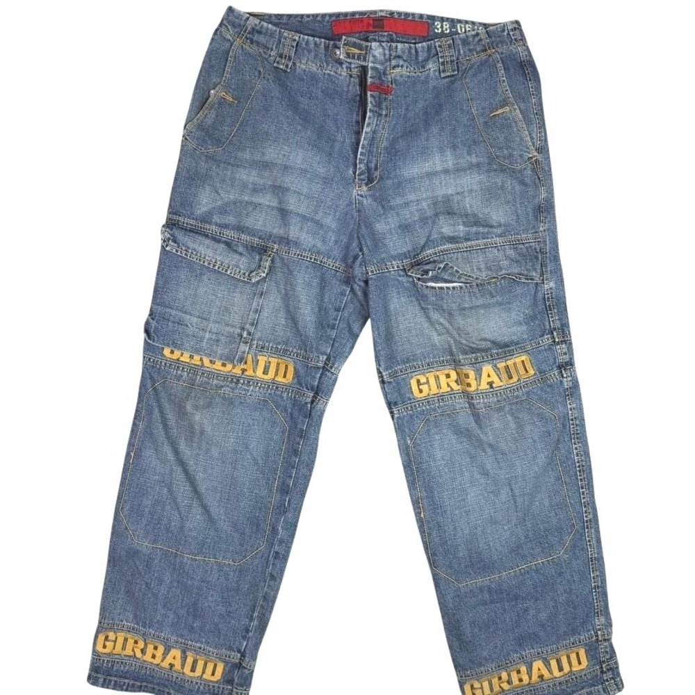 Girbaud‎ Jeans Mens 38x30 Relaxed Fit Carpenter Cargo Denim Pants Yellow Logo